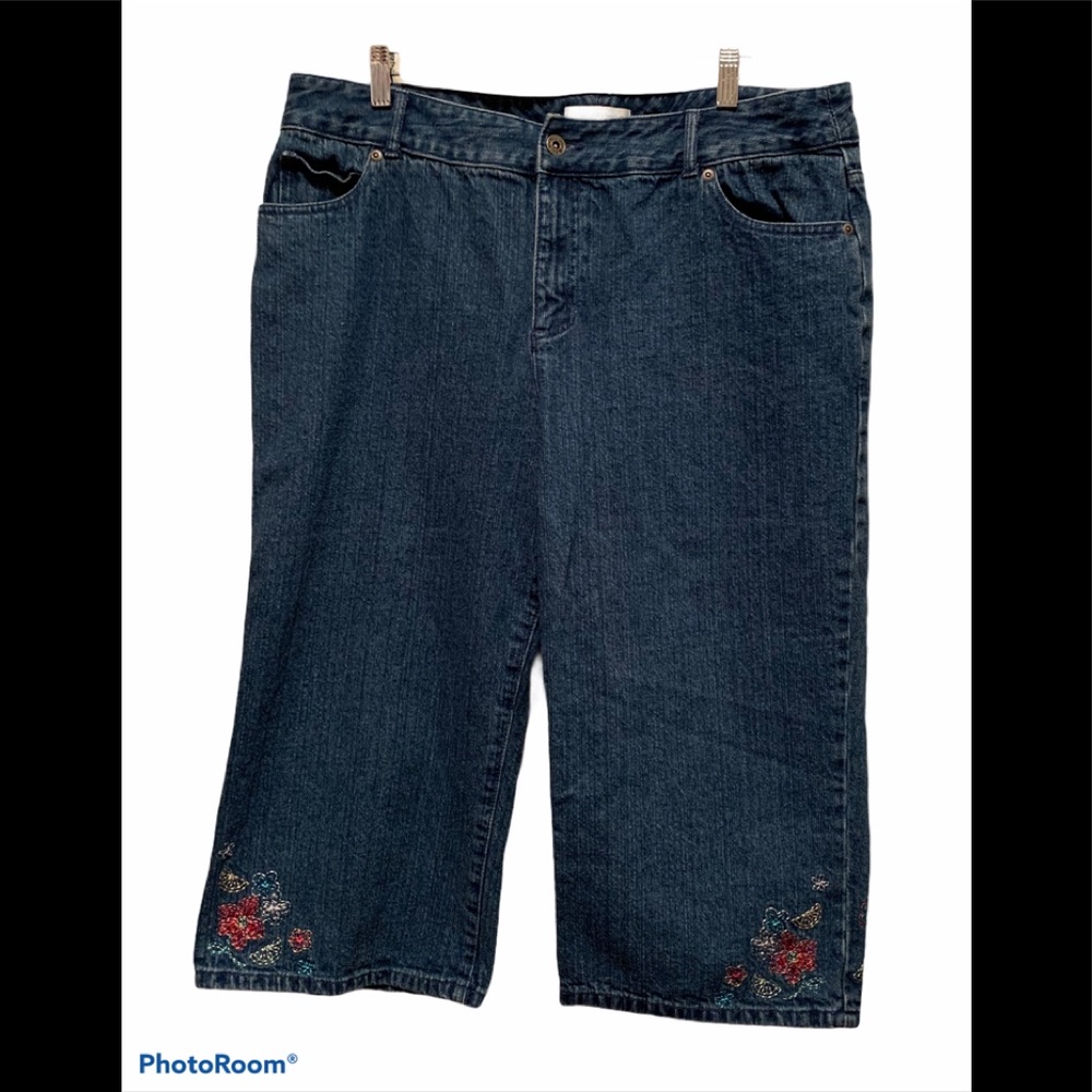 Christopher& Banks embroidered capri -16. No stretch at all.  Straight denim.